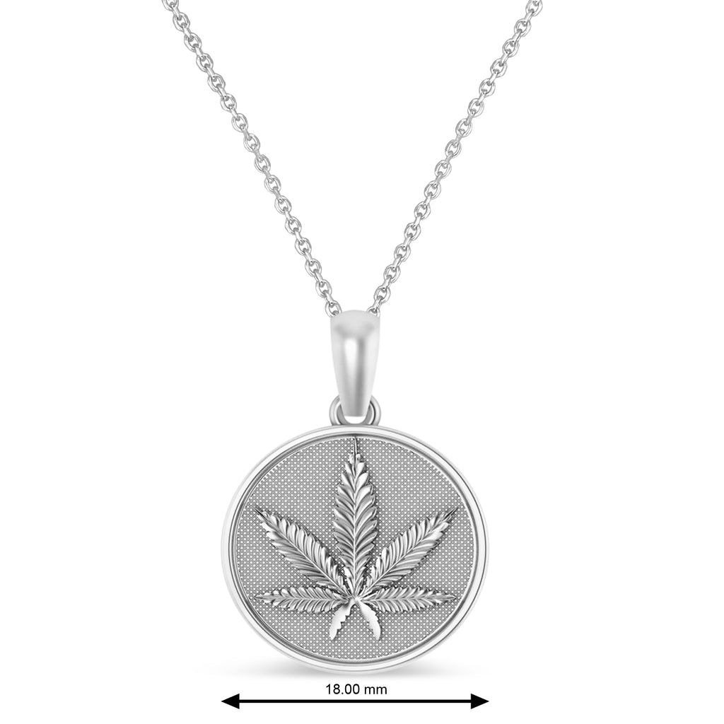Marijuana Leaf Charm Disk Pendant Necklace 14K White Gold
