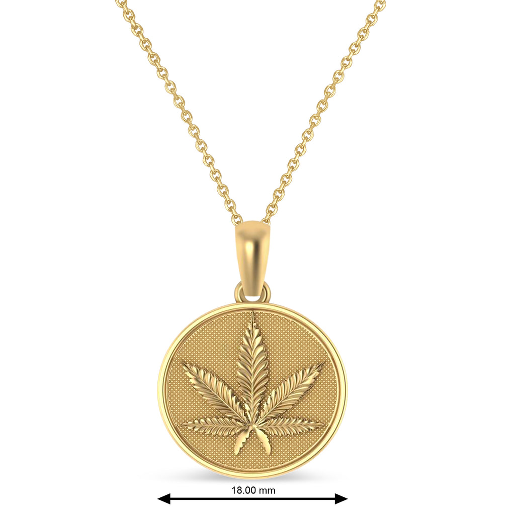 Marijuana Leaf Charm Disk Pendant Necklace 14K Yellow Gold