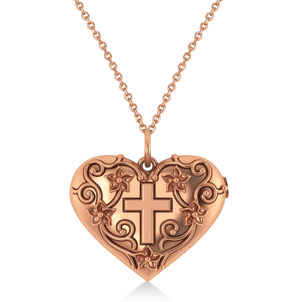 Heart with Cross Locket Pendant Necklace 14K Rose Gold