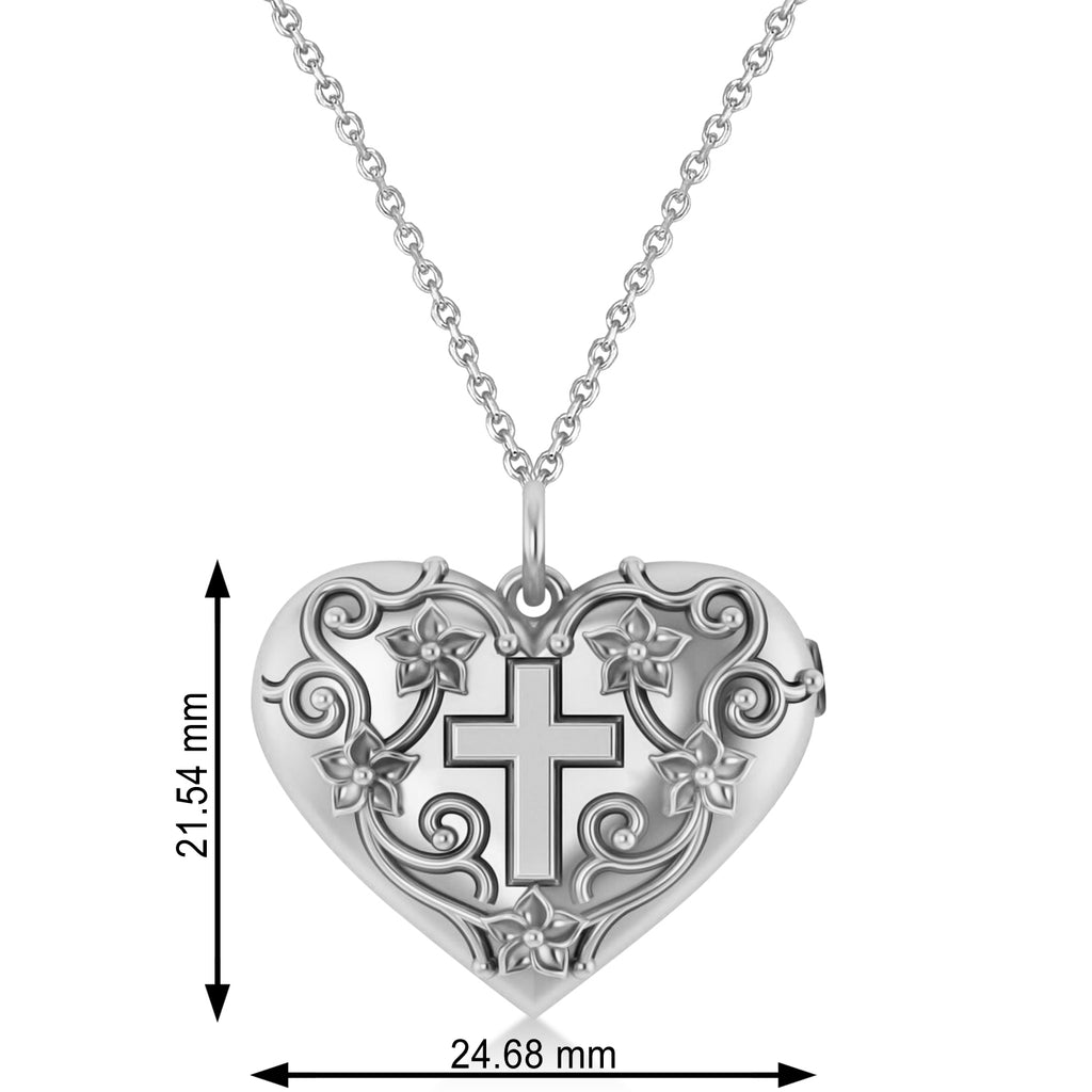 Heart with Cross Locket Pendant Necklace 14K White Gold
