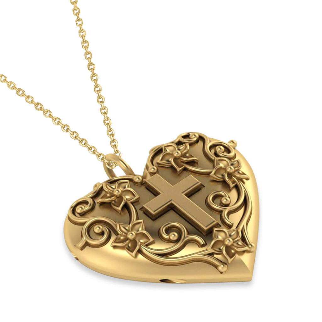 Heart with Cross Locket Pendant Necklace 14K Yellow Gold