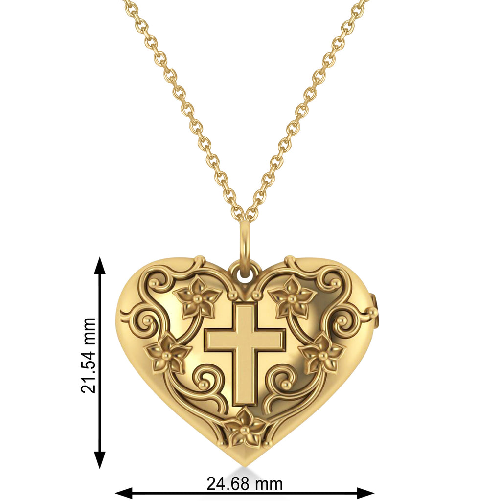 Heart with Cross Locket Pendant Necklace 14K Yellow Gold