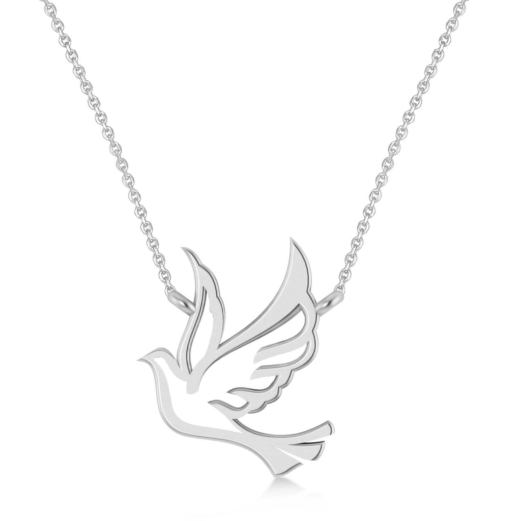 Flying Dove Bird Charm Pendant Necklace 14K White Gold