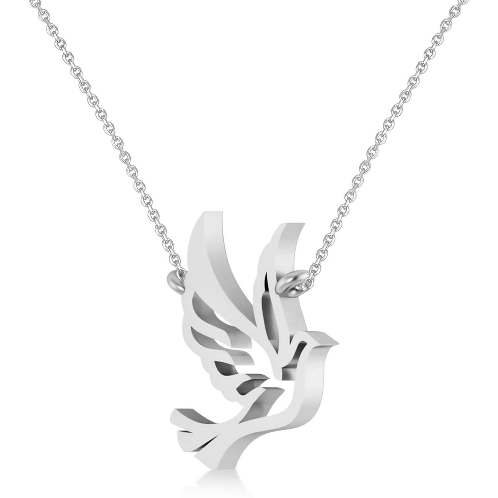 Flying Dove Bird Charm Pendant Necklace 14K White Gold