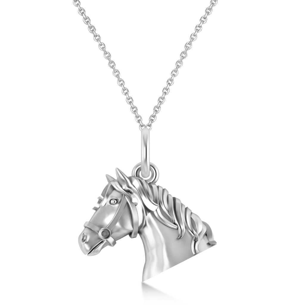 Horse Head Charm Pendant Necklace 14K White Gold