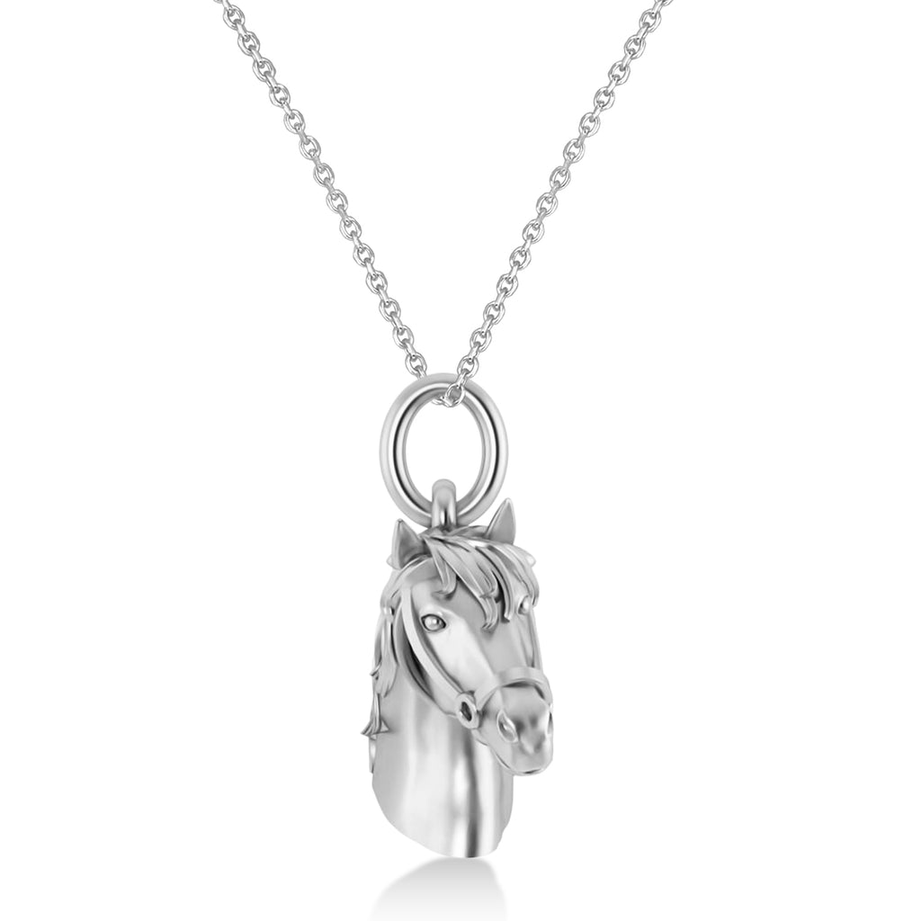 Horse Head Charm Pendant Necklace 14K White Gold