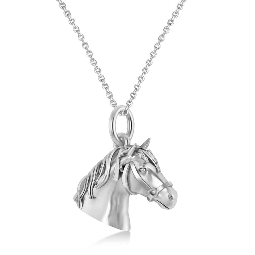 Horse Head Charm Pendant Necklace 14K White Gold