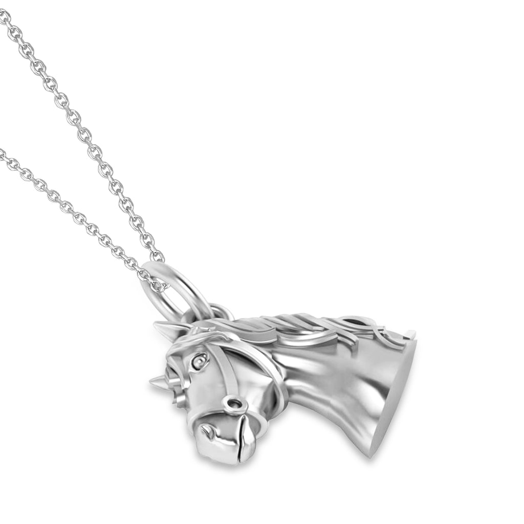 Horse Head Charm Pendant Necklace 14K White Gold