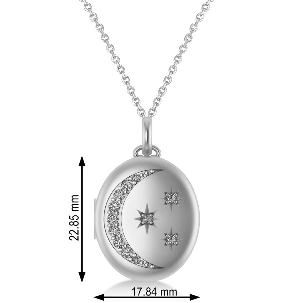 Diamond Moon & Stars Locket Pendant Necklace 14K White Gold (0.29ct)