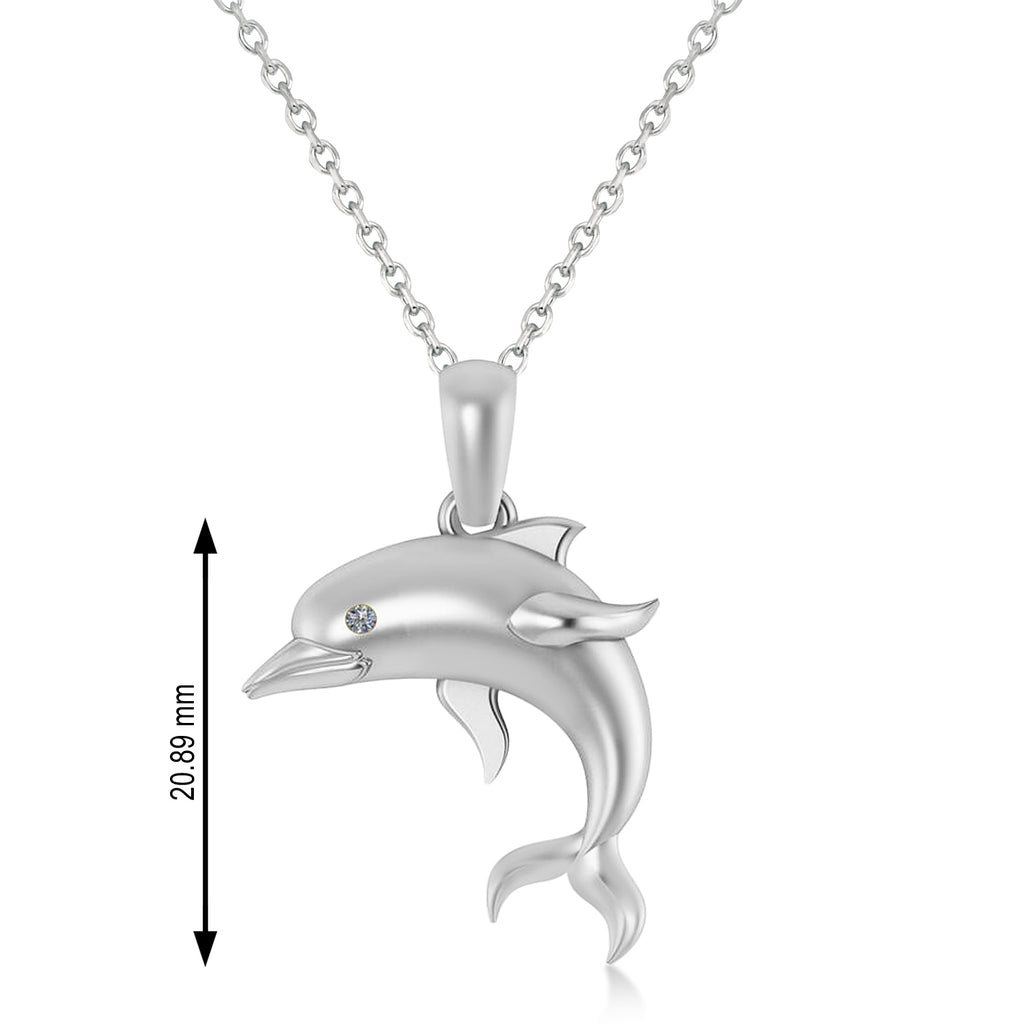 Diamond-Eyed Dolphin Pendant Necklace 14k White Gold (0.01ct)