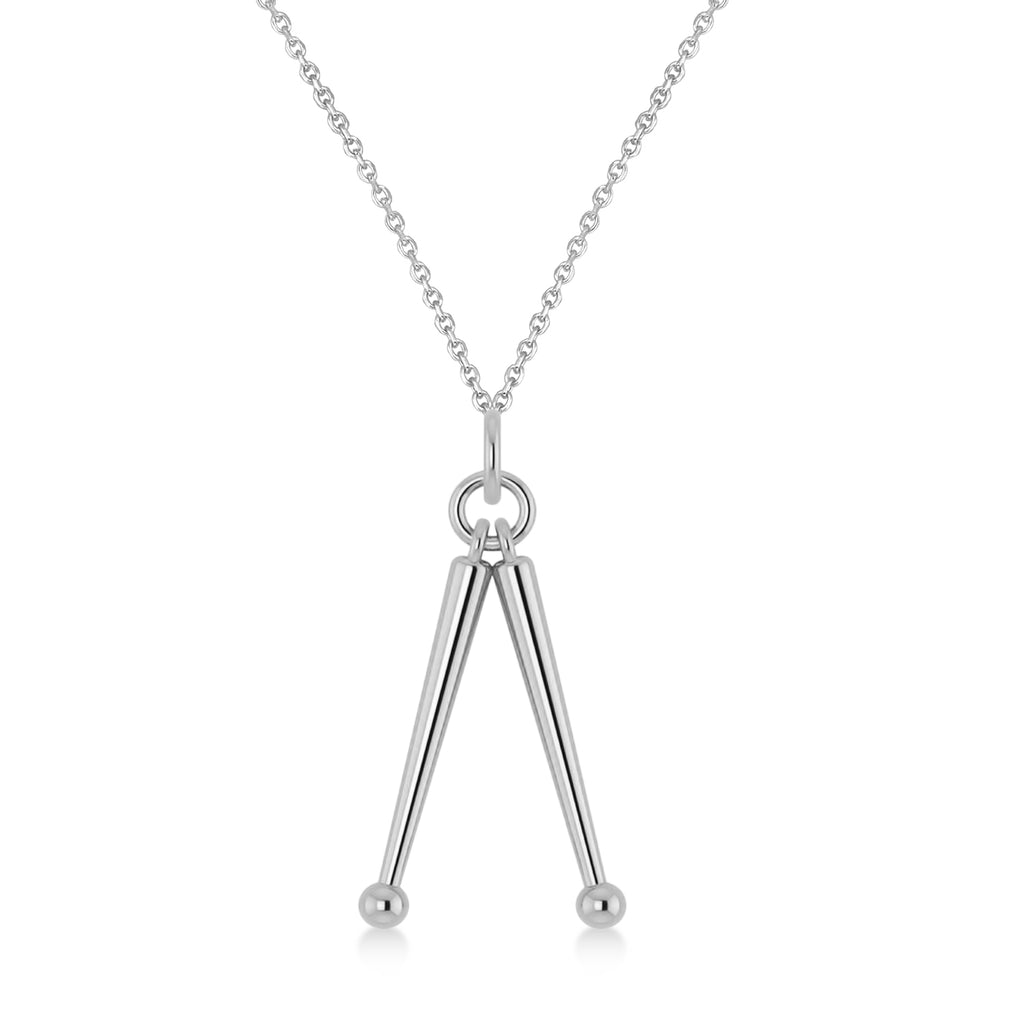 Drum Sticks Music Pendant Necklace 14K White Gold