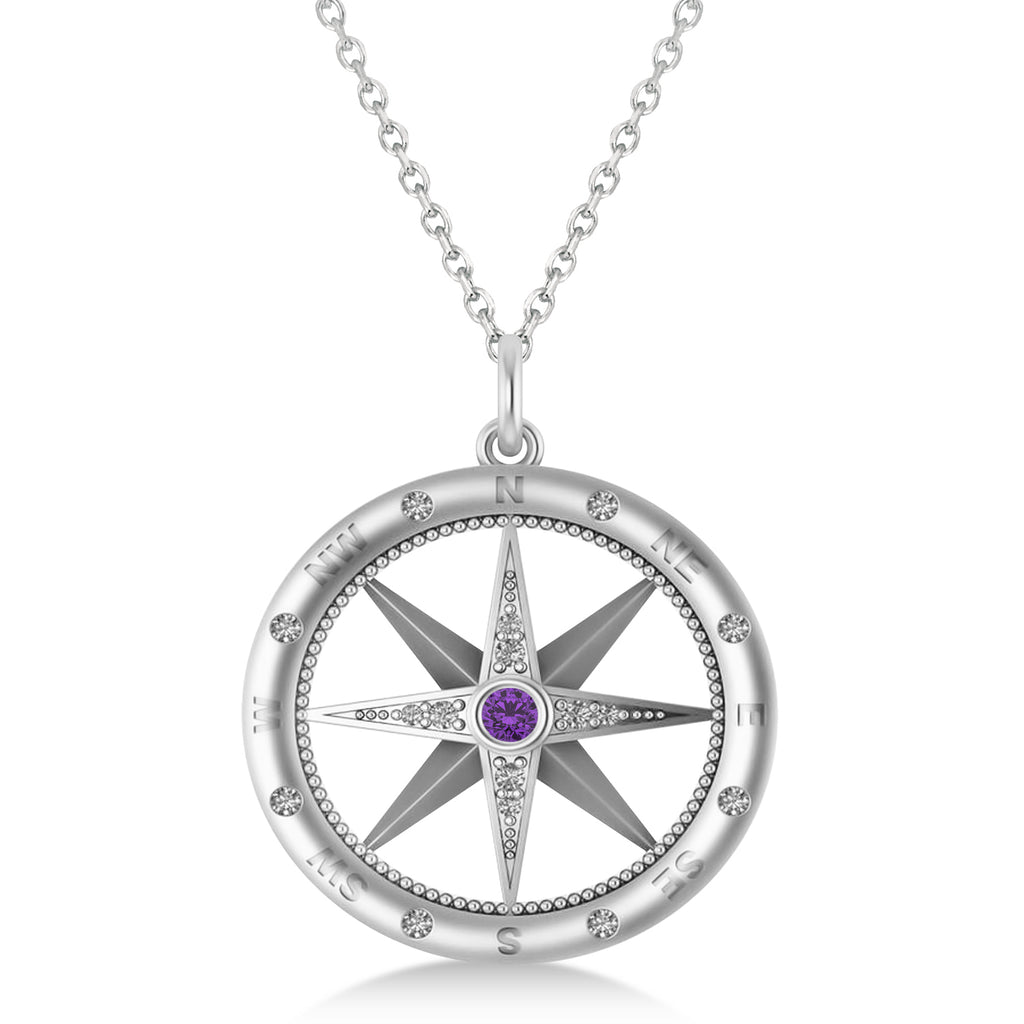 Compass Pendant For Men Amethyst & Diamond Accented 14k White Gold (0.38ct)