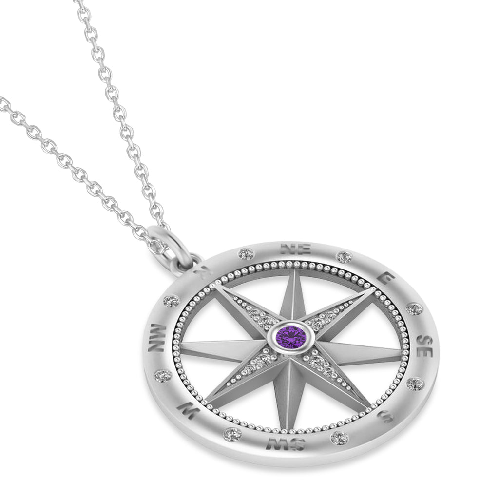Compass Pendant For Men Amethyst & Diamond Accented 14k White Gold (0.38ct)