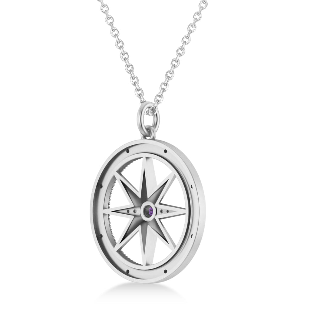 Compass Pendant For Men Amethyst & Diamond Accented 14k White Gold (0.38ct)