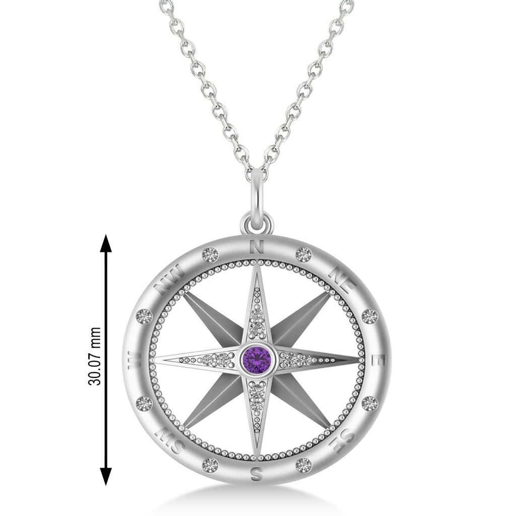 Compass Pendant For Men Amethyst & Diamond Accented 14k White Gold (0.38ct)