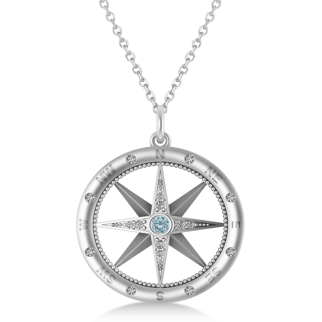 Compass Pendant For Men Aquamarine & Diamond Accented 14k White Gold (0.38ct)