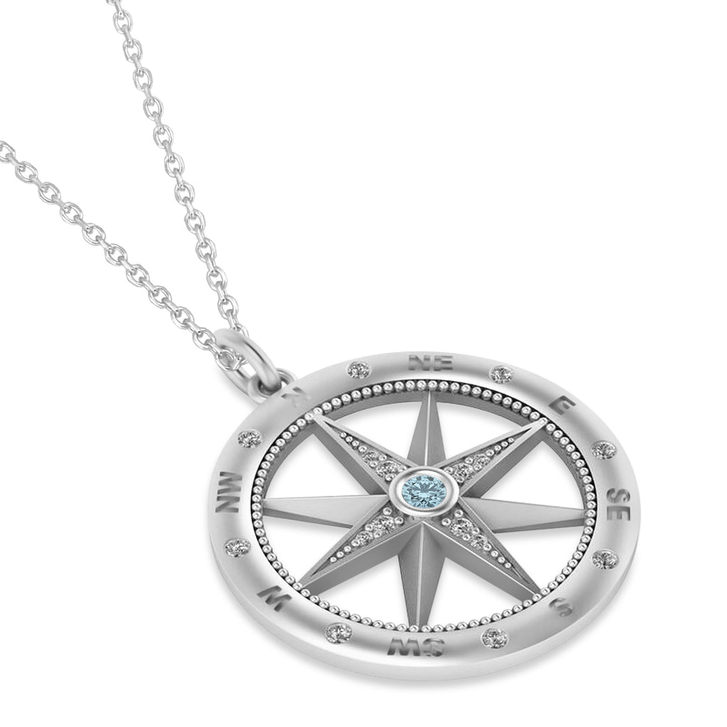 Compass Pendant For Men Aquamarine & Diamond Accented 14k White Gold (0.38ct)