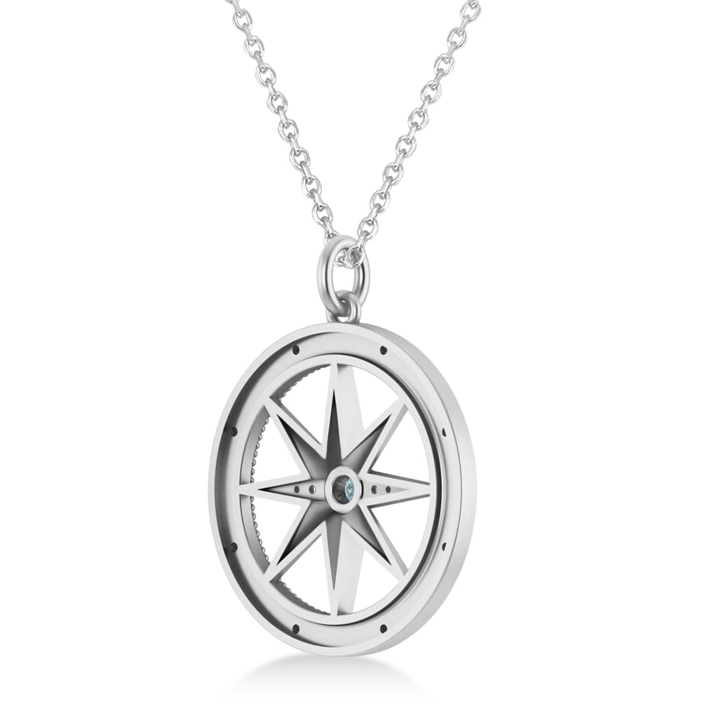 Compass Pendant For Men Aquamarine & Diamond Accented 14k White Gold (0.38ct)