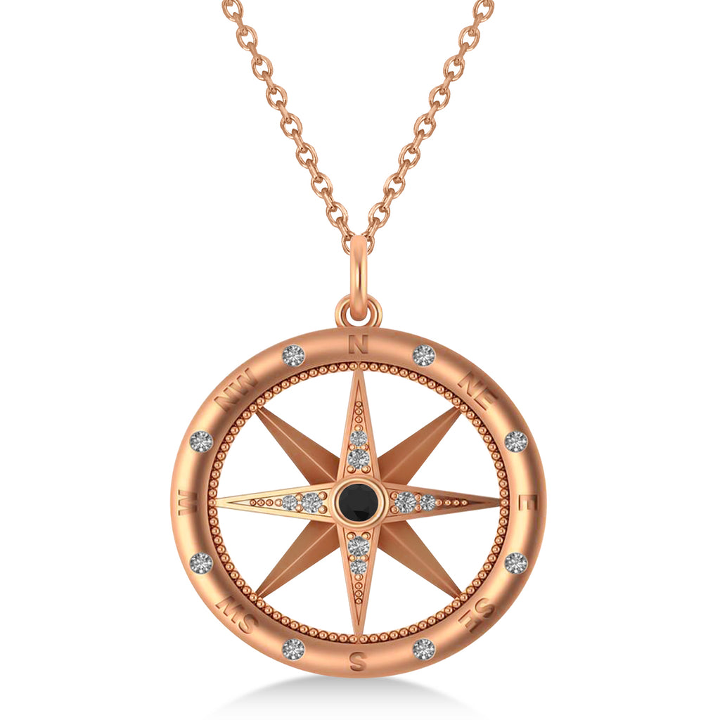 Compass Pendant For Men Black & White Diamond Accented 14k Rose Gold (0.38ct)