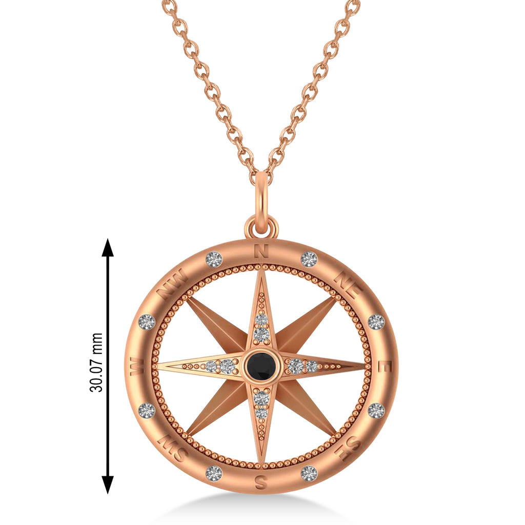 Compass Pendant For Men Black & White Diamond Accented 14k Rose Gold (0.38ct)