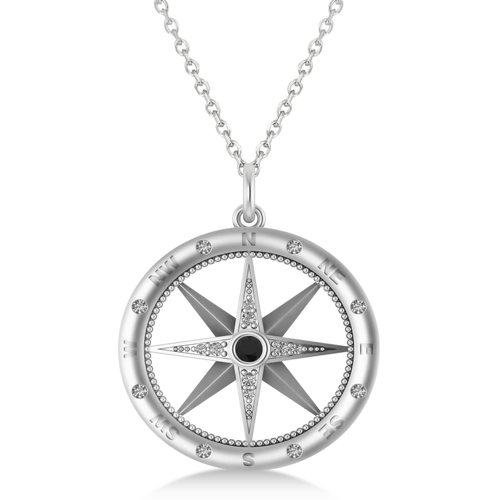 Compass Pendant For Men Black & White Diamond Accented 14k White Gold (0.38ct)
