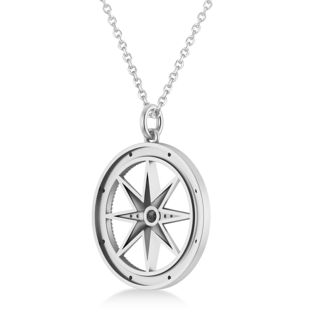 Compass Pendant For Men Black & White Diamond Accented 14k White Gold (0.38ct)
