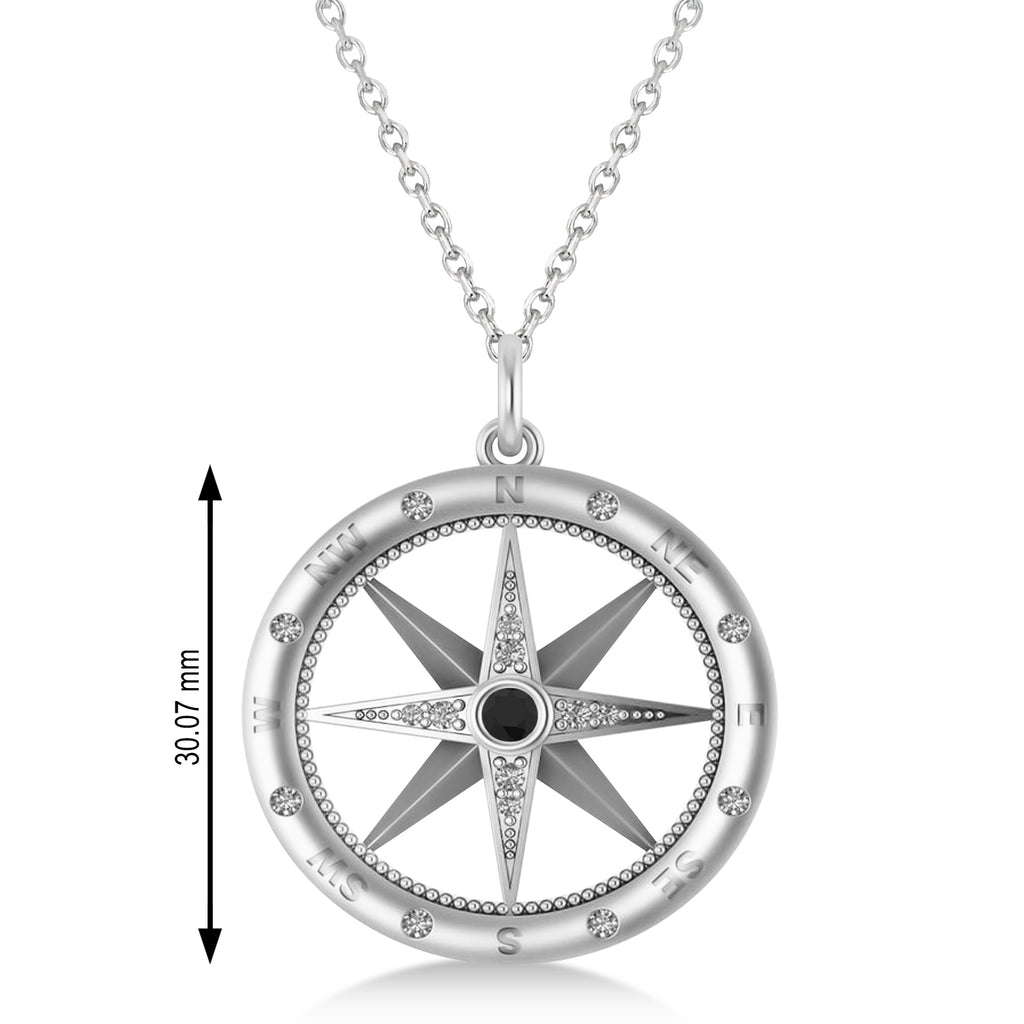 Compass Pendant For Men Black & White Diamond Accented 14k White Gold (0.38ct)