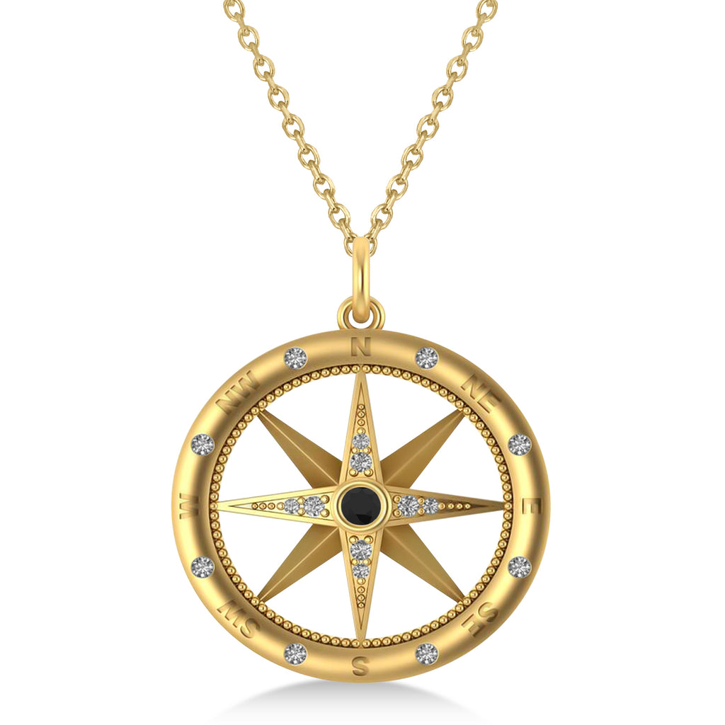 Compass Pendant For Men Black & White Diamond Accented 14k Yellow Gold (0.38ct)