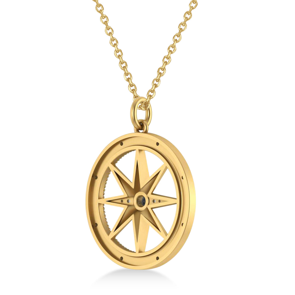 Compass Pendant For Men Black & White Diamond Accented 14k Yellow Gold (0.38ct)