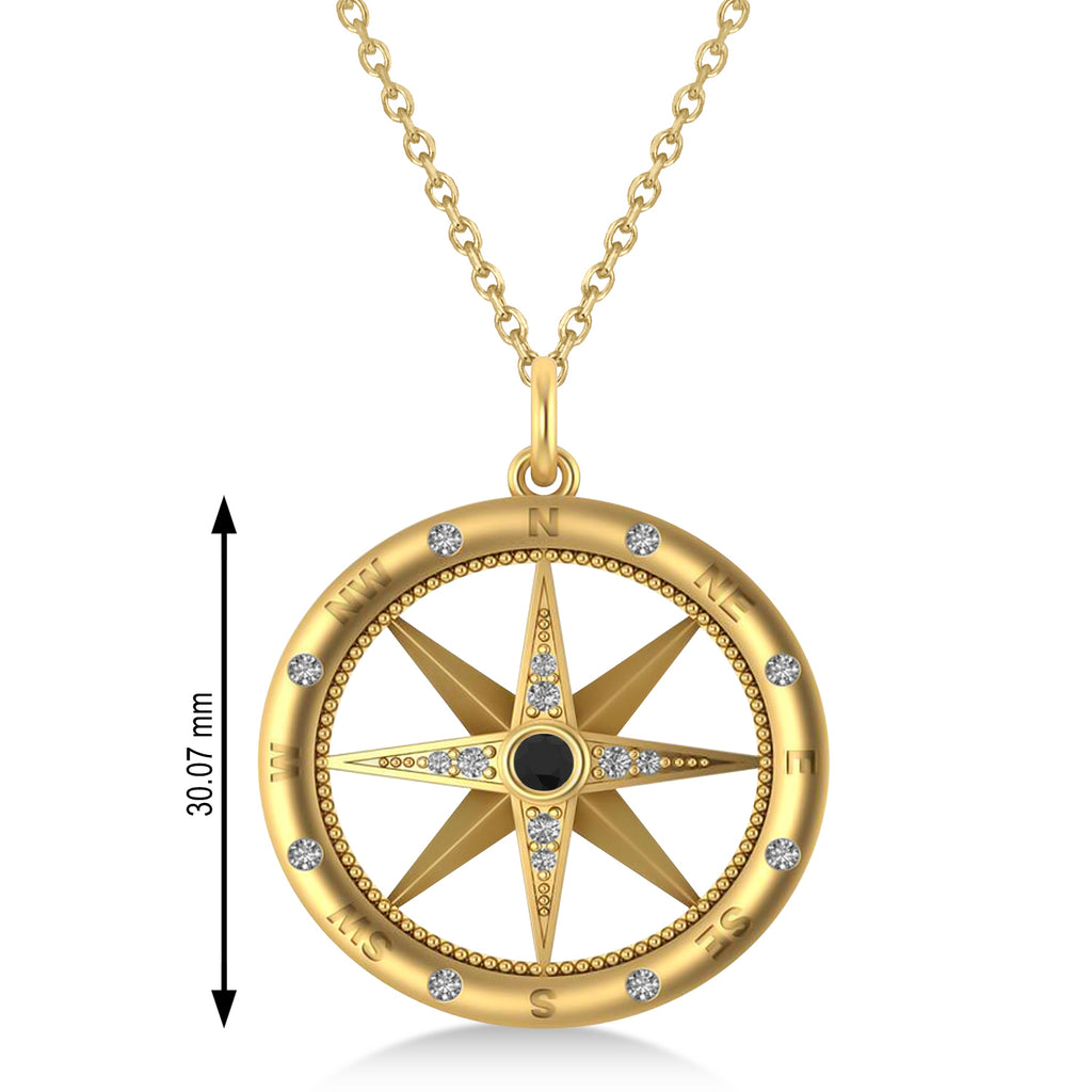 Compass Pendant For Men Black & White Diamond Accented 14k Yellow Gold (0.38ct)