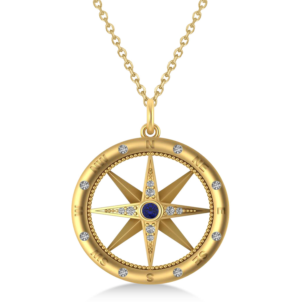 Compass Pendant For Men Blue Sapphire & Diamond Accented 14k Yellow Gold (0.38ct)