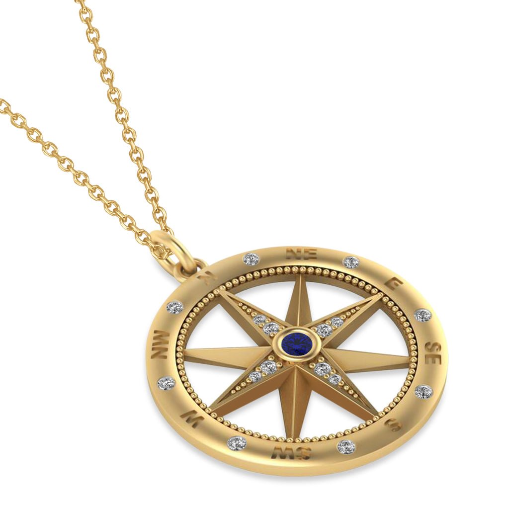 Compass Pendant For Men Blue Sapphire & Diamond Accented 14k Yellow Gold (0.38ct)