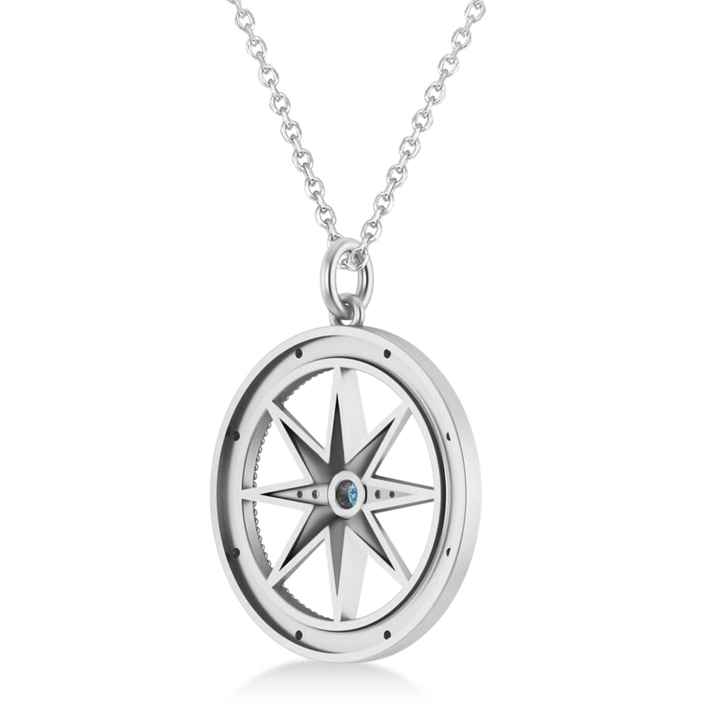 Compass Pendant For Men Blue Topaz & Diamond Accented 14k White Gold (0.38ct)
