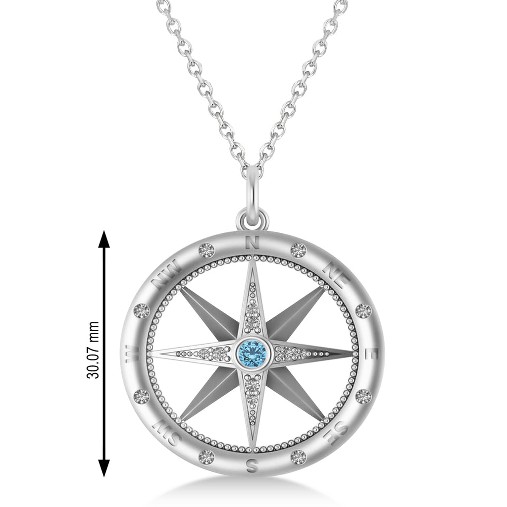Compass Pendant For Men Blue Topaz & Diamond Accented 14k White Gold (0.38ct)