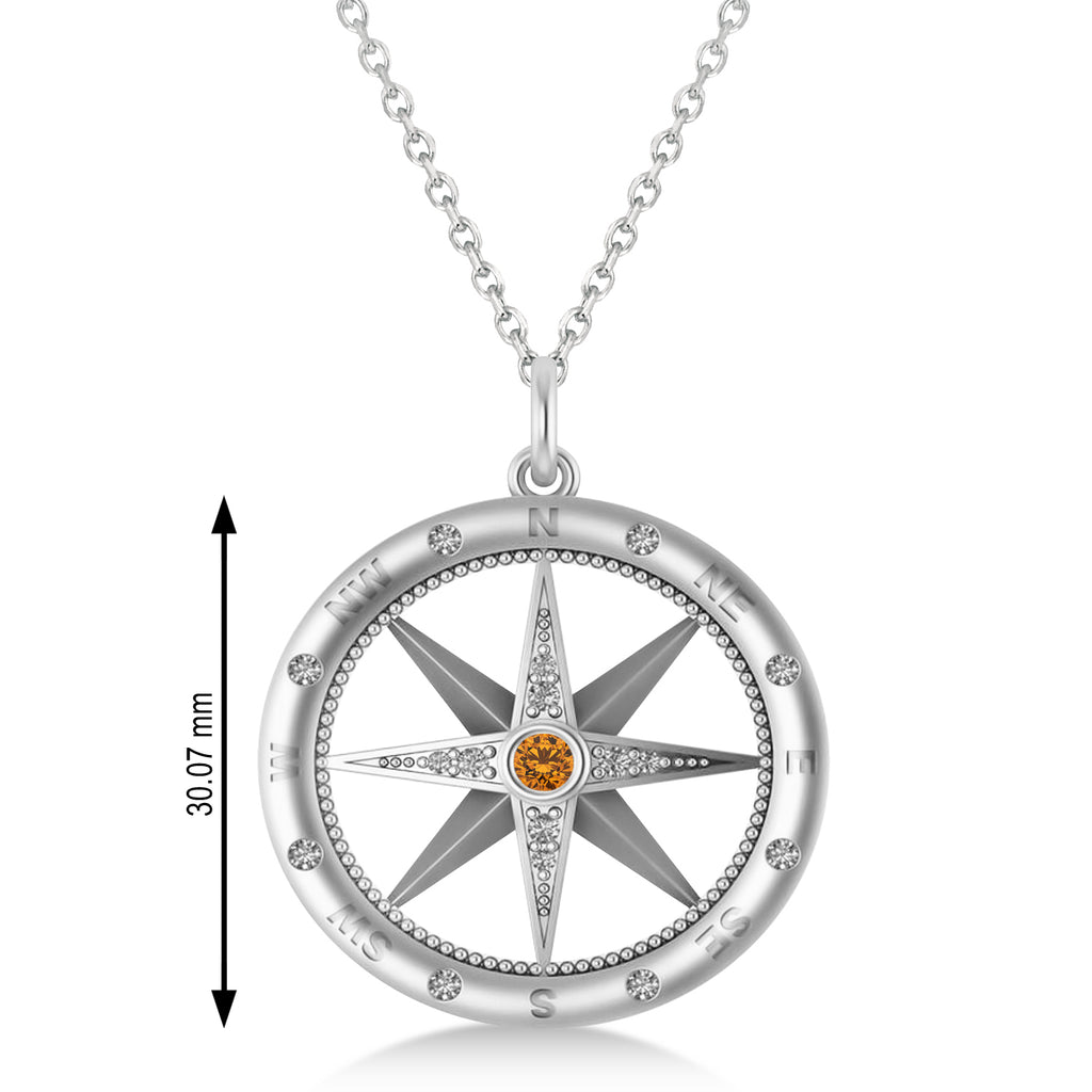 Compass Pendant For Men Citrine & Diamond Accented 14k White Gold (0.38ct)