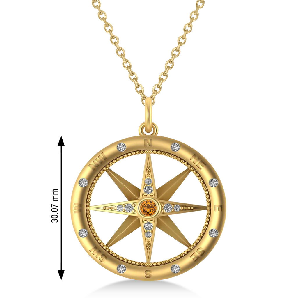 Compass Pendant For Men Citrine & Diamond Accented 14k Yellow Gold (0.38ct)