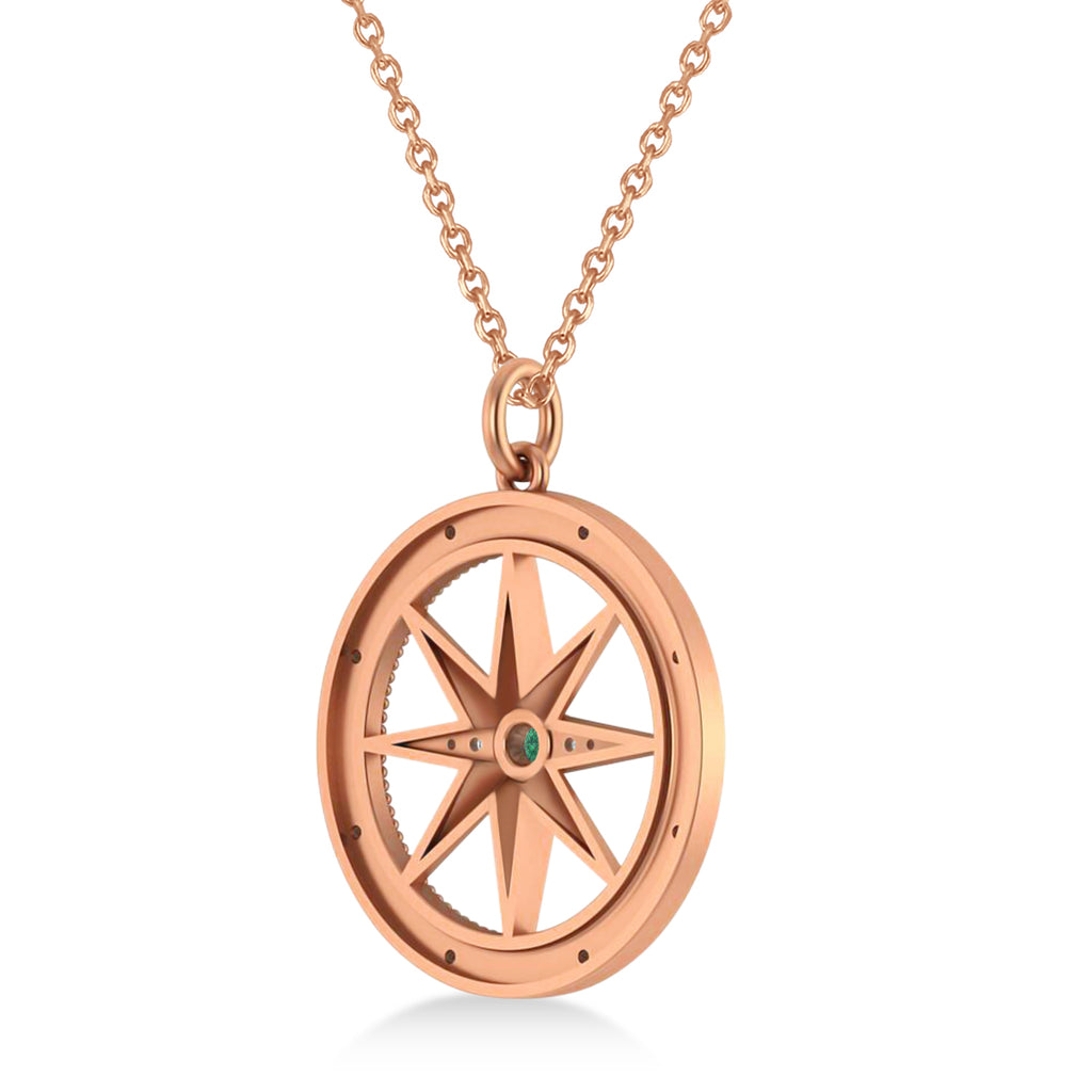 Compass Pendant For Men Emerald & Diamond Accented 14k Rose Gold (0.38ct)
