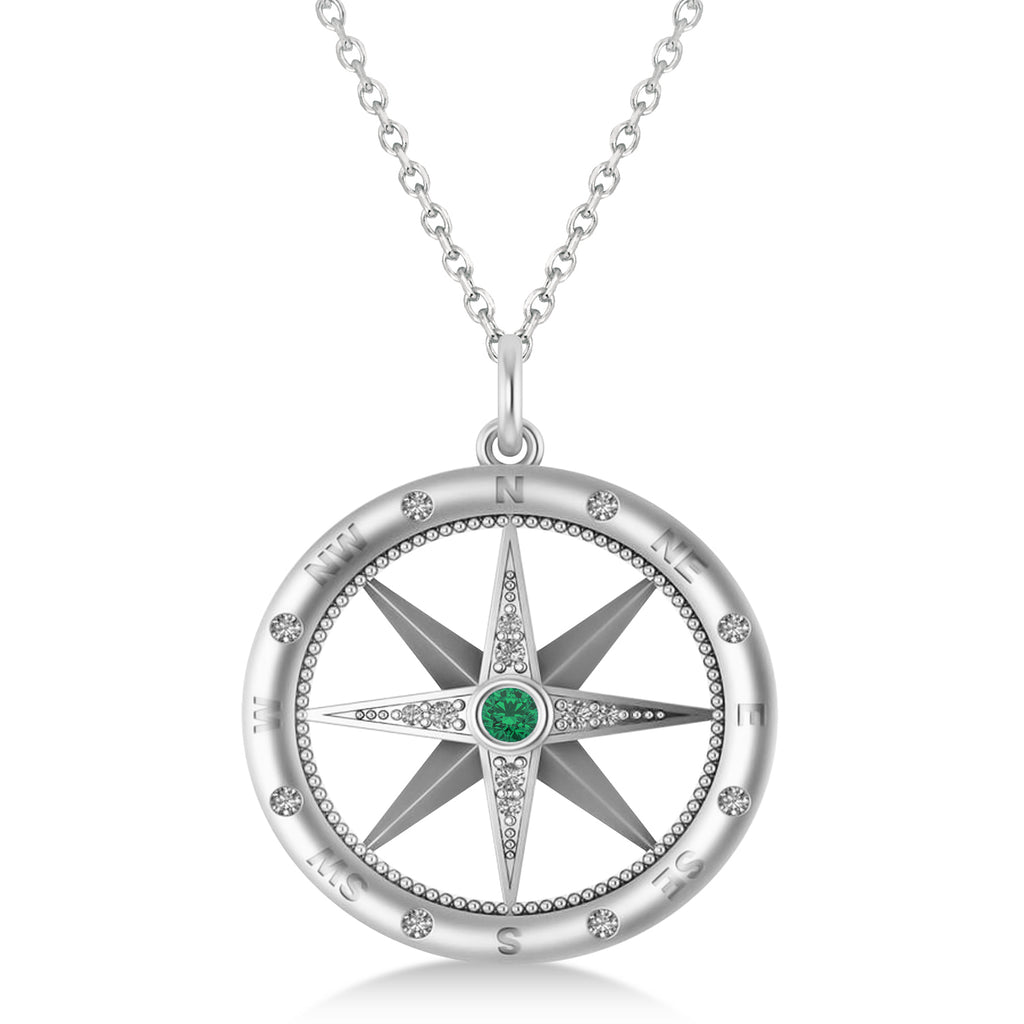 Compass Pendant For Men Emerald & Diamond Accented 14k White Gold (0.38ct)