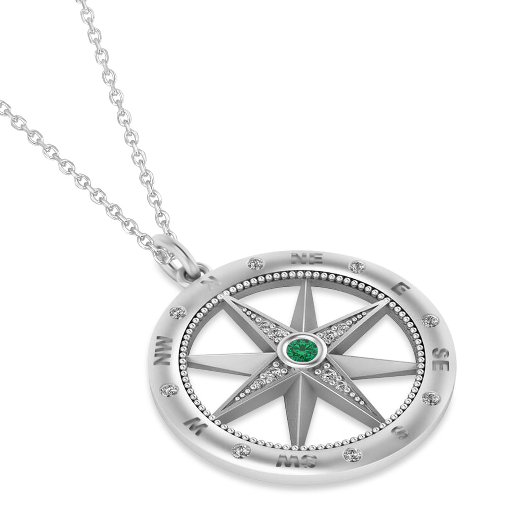 Compass Pendant For Men Emerald & Diamond Accented 14k White Gold (0.38ct)