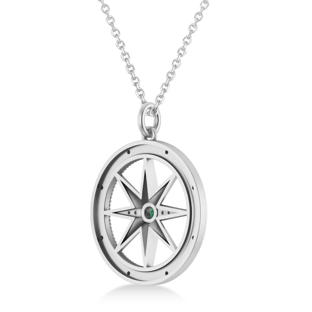 Compass Pendant For Men Emerald & Diamond Accented 14k White Gold (0.38ct)