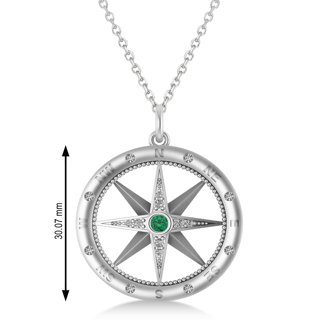 Compass Pendant For Men Emerald & Diamond Accented 14k White Gold (0.38ct)
