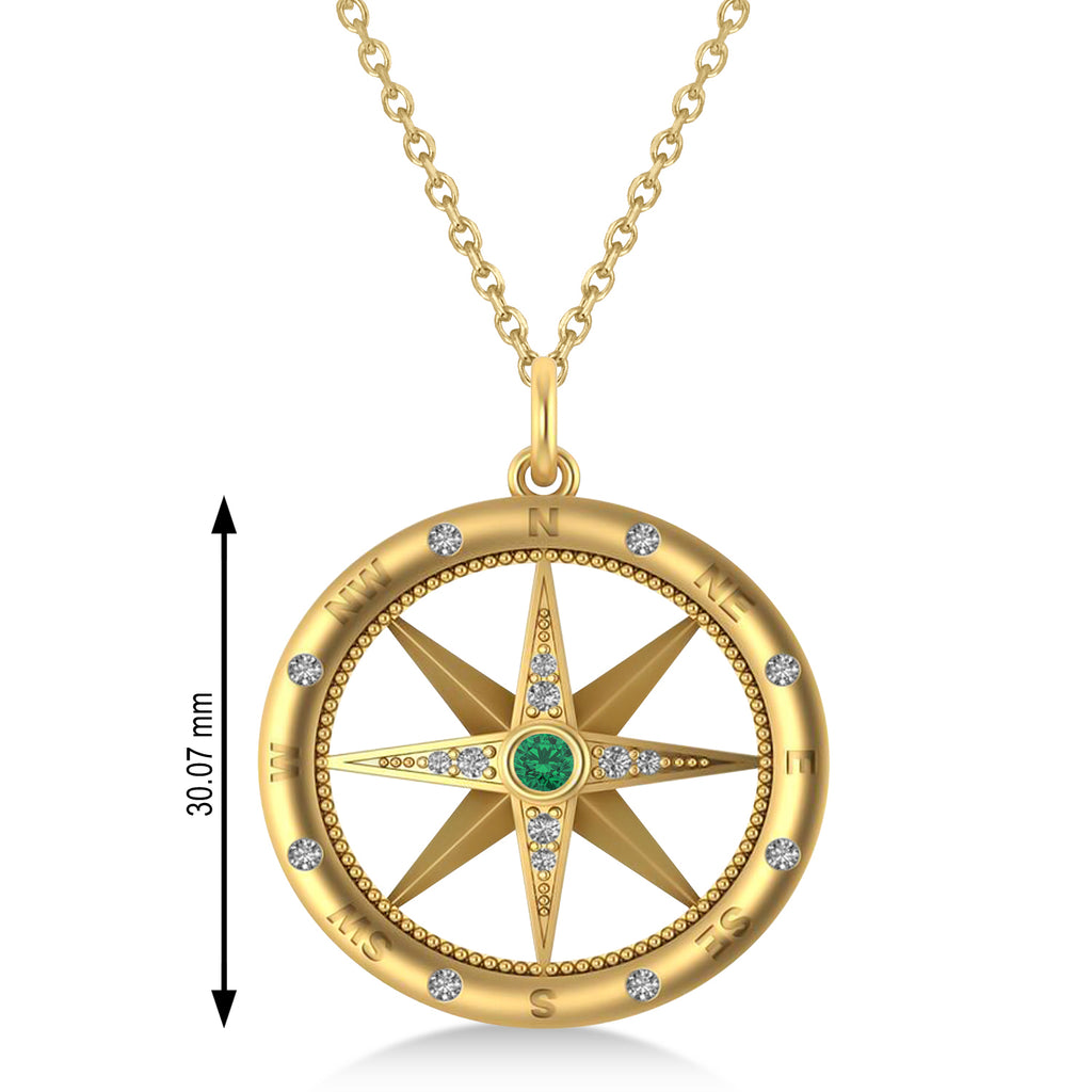 Compass Pendant For Men Emerald & Diamond Accented 14k Yellow Gold (0.38ct)