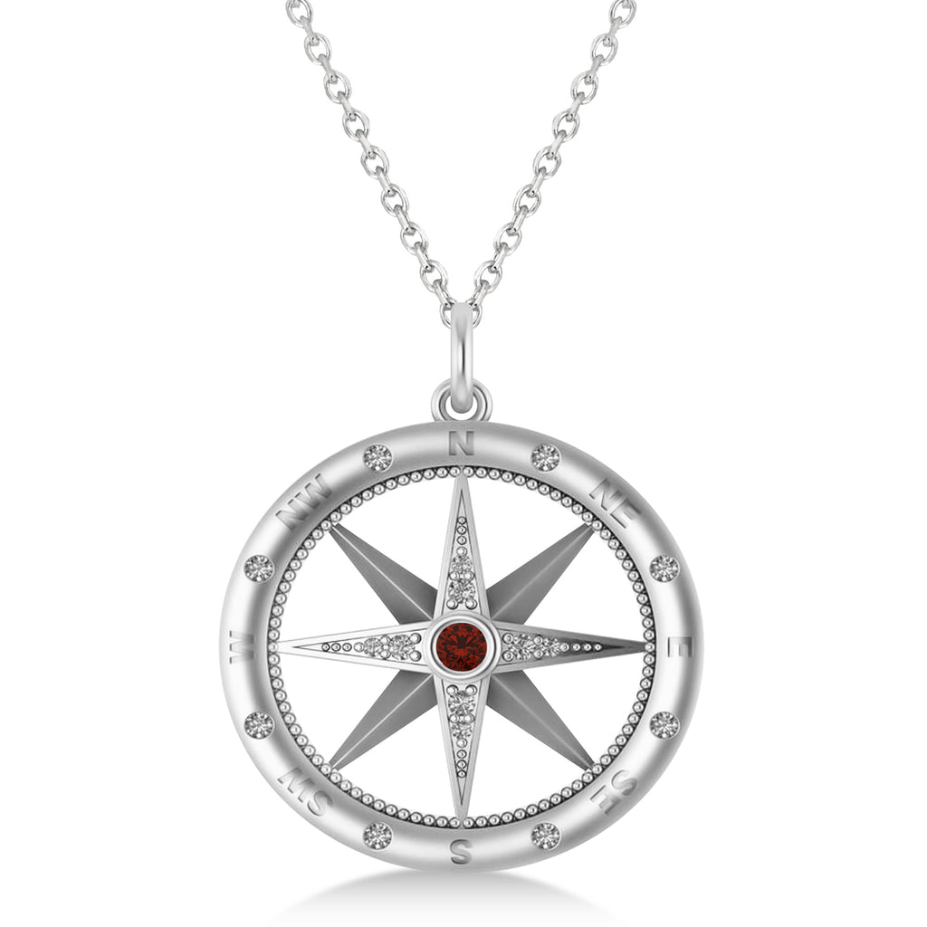 Compass Pendant For Men Garnet & Diamond Accented 14k White Gold (0.38ct)