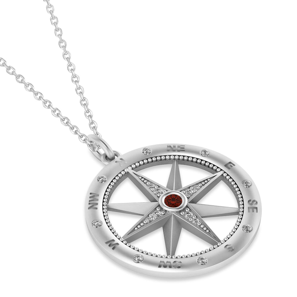 Compass Pendant For Men Garnet & Diamond Accented 14k White Gold (0.38ct)