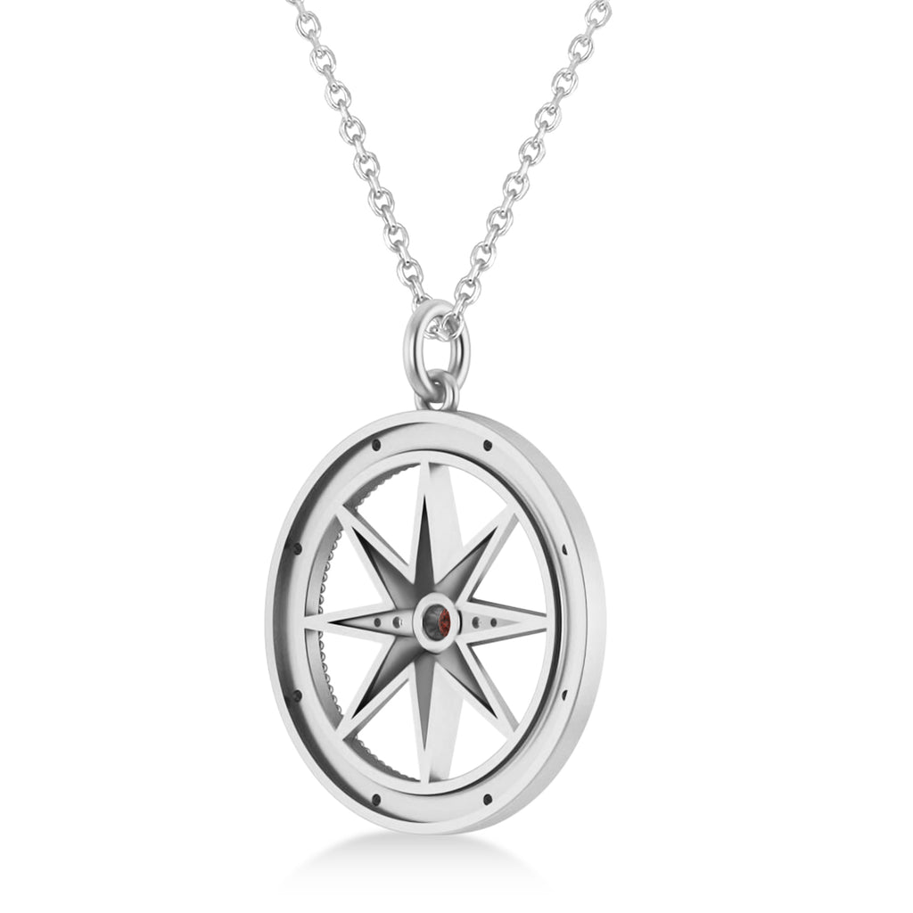 Compass Pendant For Men Garnet & Diamond Accented 14k White Gold (0.38ct)