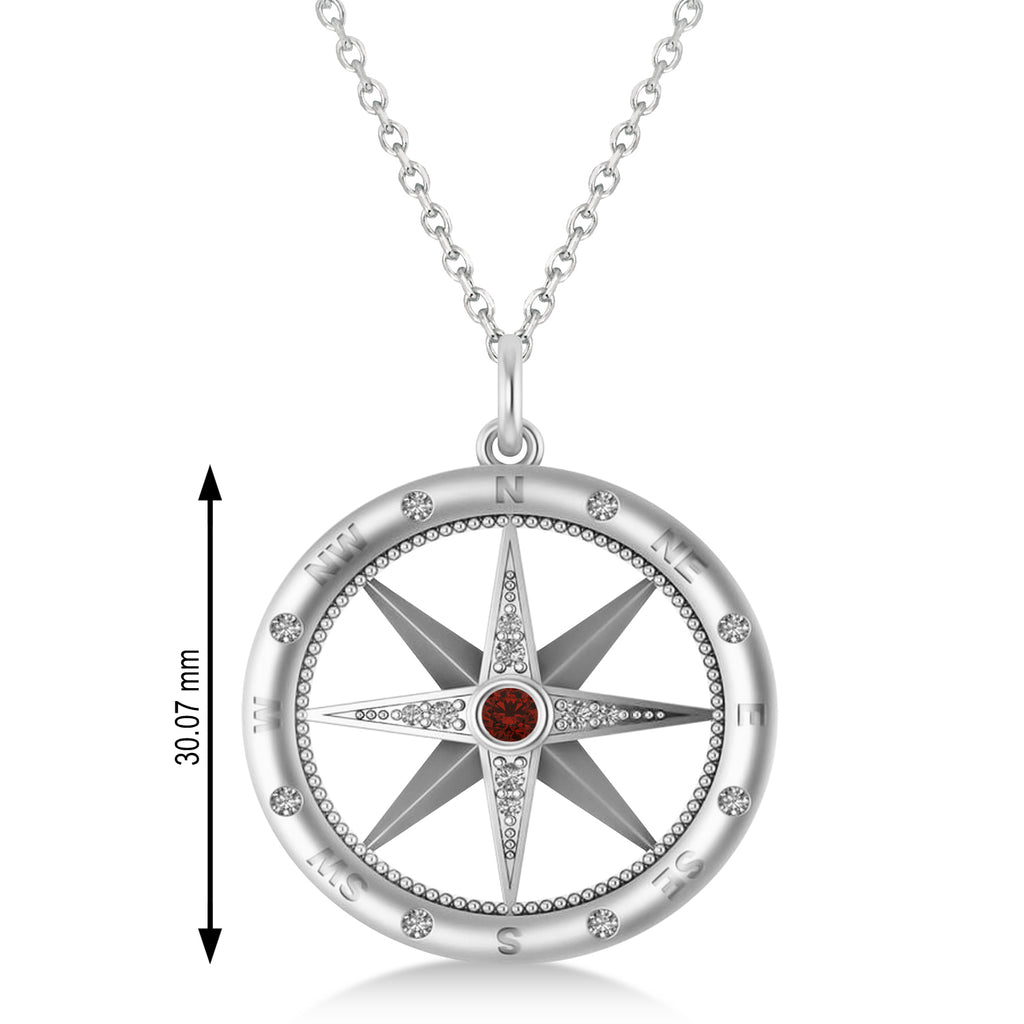 Compass Pendant For Men Garnet & Diamond Accented 14k White Gold (0.38ct)