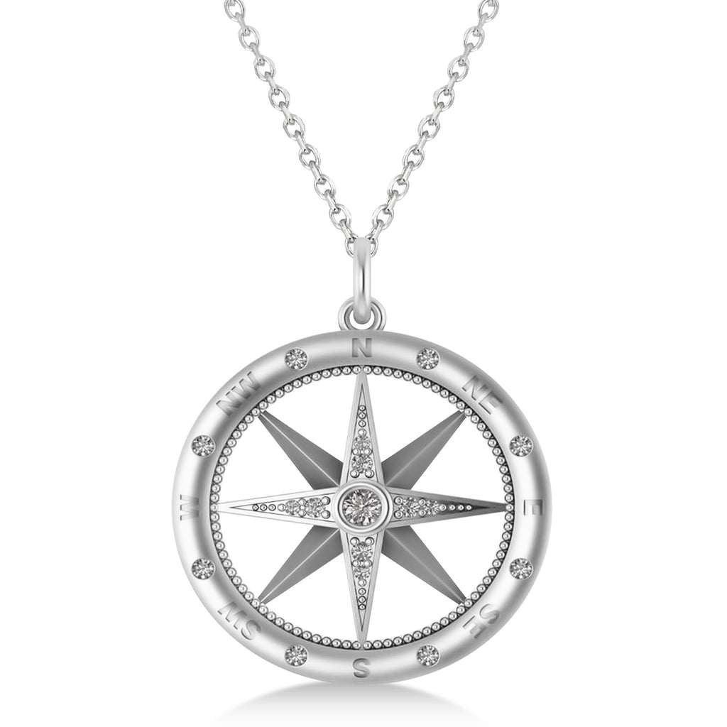 Compass Necklace Pendant For Men Lab Grown Diamond Accented 14k White Gold (0.38ct)