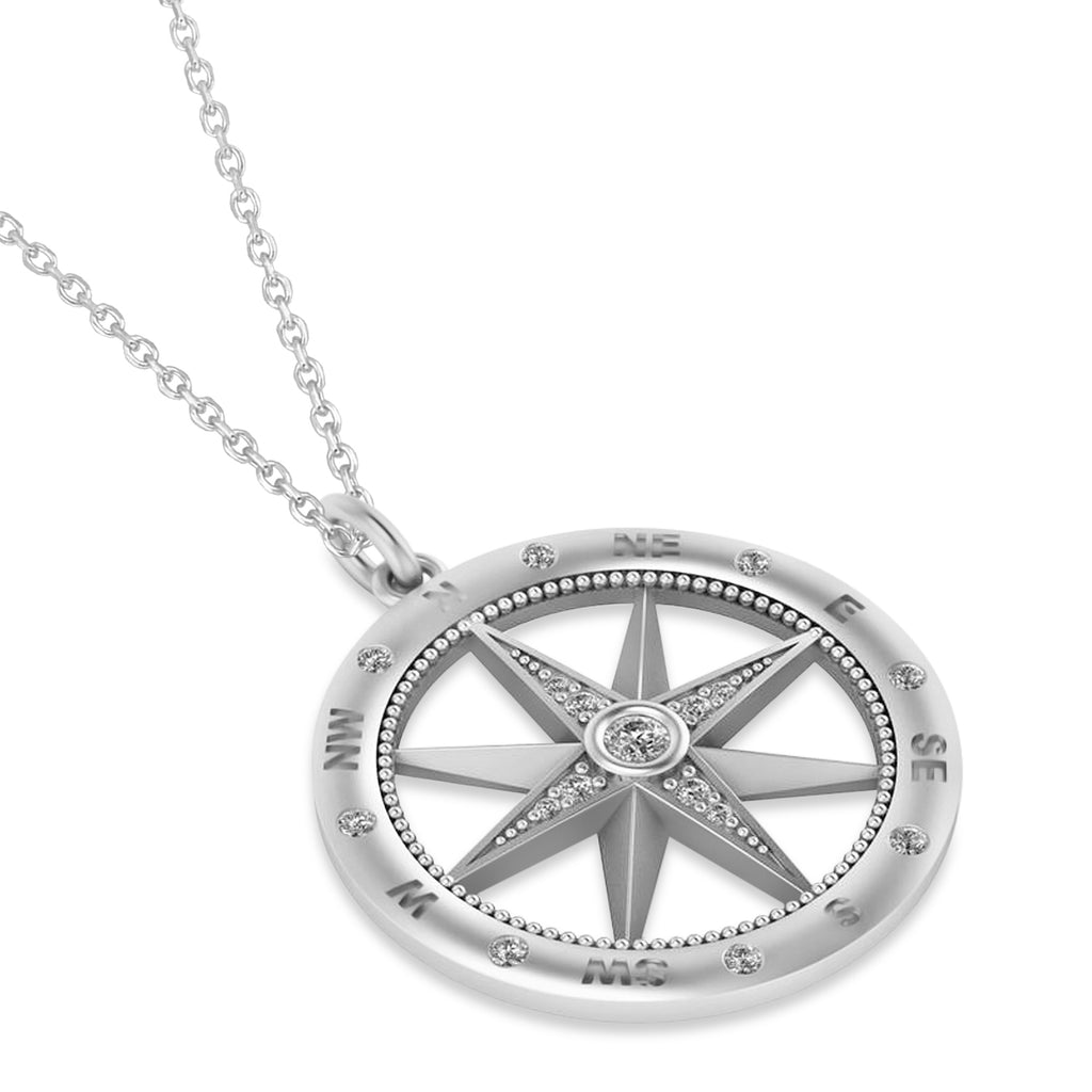 Compass Necklace Pendant For Men Lab Grown Diamond Accented 14k White Gold (0.38ct)