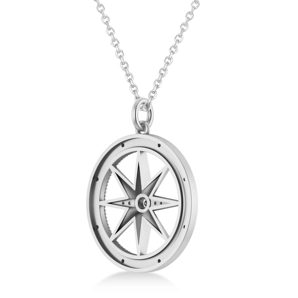 Compass Necklace Pendant For Men Lab Grown Diamond Accented 14k White Gold (0.38ct)