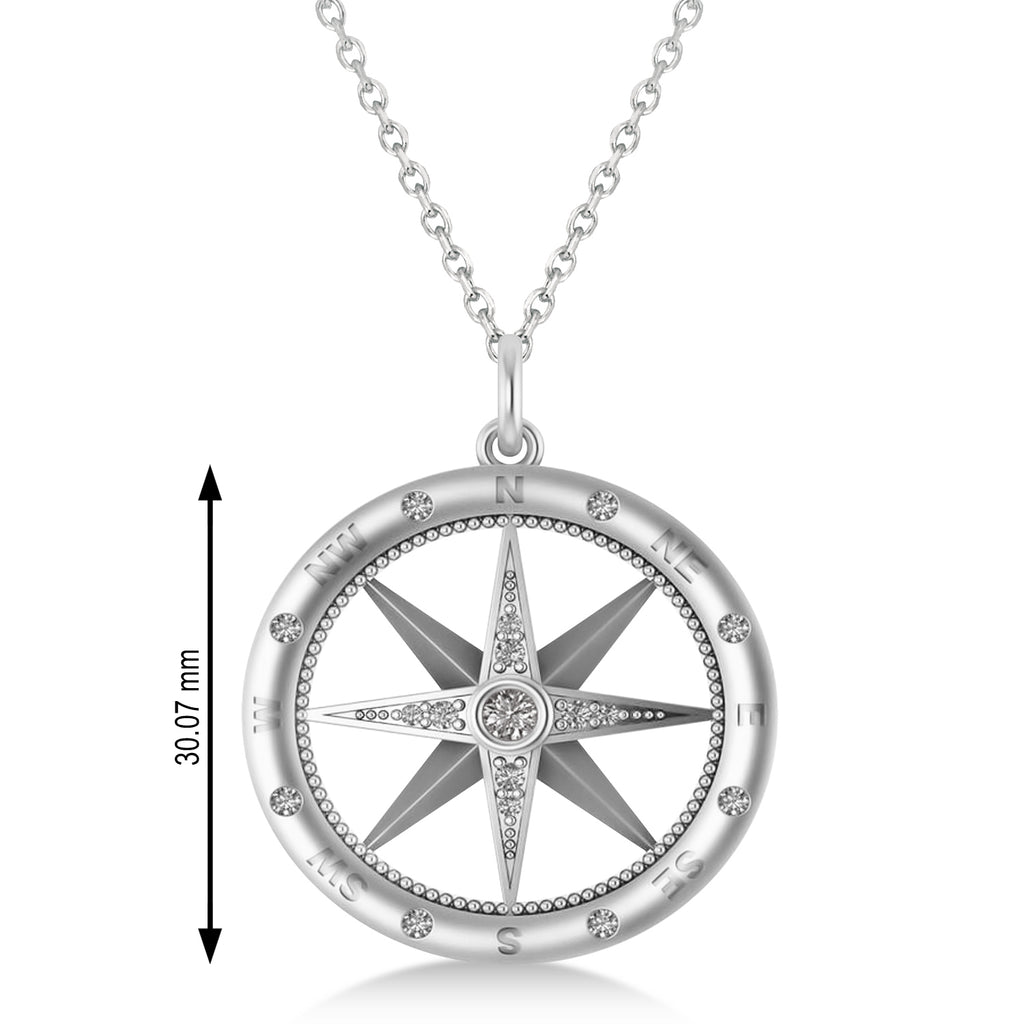 Compass Necklace Pendant For Men Lab Grown Diamond Accented 14k White Gold (0.38ct)